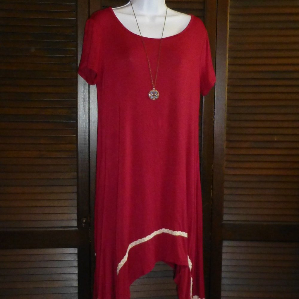 Burgundy Midi Dress, White Trim, Irregular Hem, M